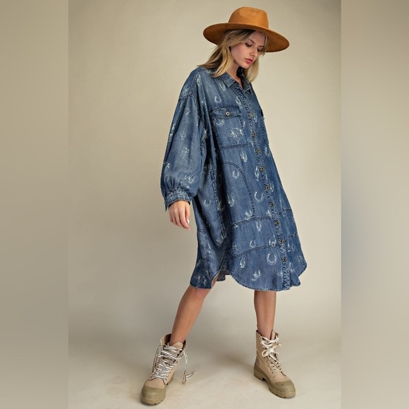 Easel Denim Western Print Long Sleeve Dress - Picture 2 of 3